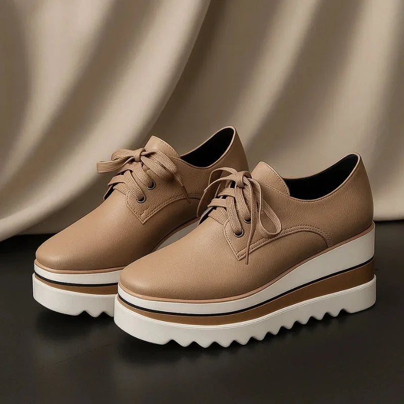 Women's faux leather lace-up oxford platform wedge shoes with striped sole