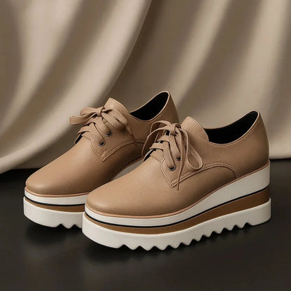 Women's faux leather lace-up oxford platform wedge shoes with striped sole
