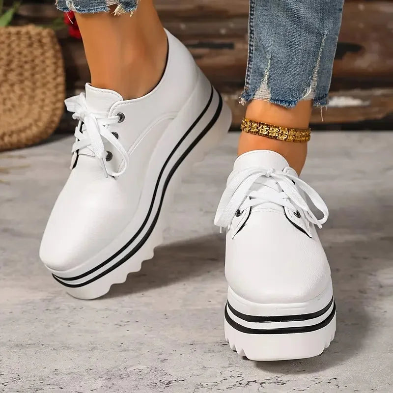 Women's faux leather lace-up oxford platform wedge shoes with striped sole
