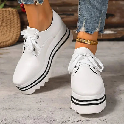 Women's faux leather lace-up oxford platform wedge shoes with striped sole