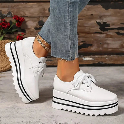 Women's faux leather lace-up oxford platform wedge shoes with striped sole