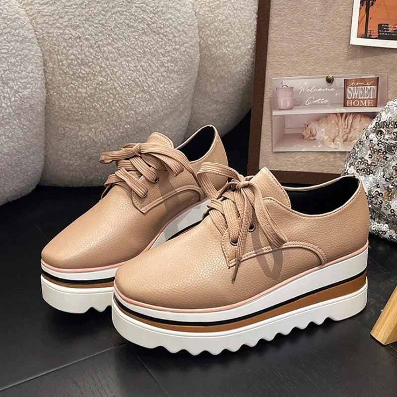 Women's faux leather lace-up oxford platform wedge shoes with striped sole