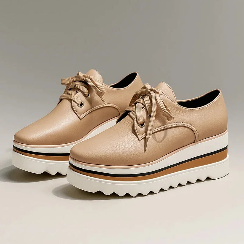 Women's faux leather lace-up oxford platform wedge shoes with striped sole – Beige