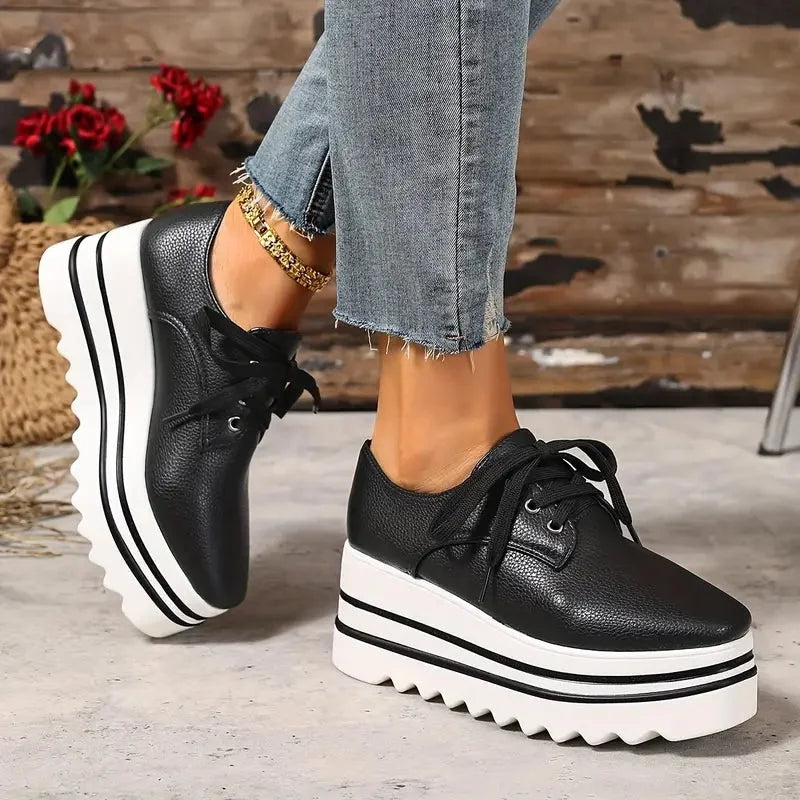 Women's faux leather lace-up oxford platform wedge shoes with striped sole – Black