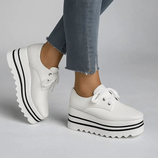 Women's faux leather lace-up oxford platform wedge shoes with striped sole – White
