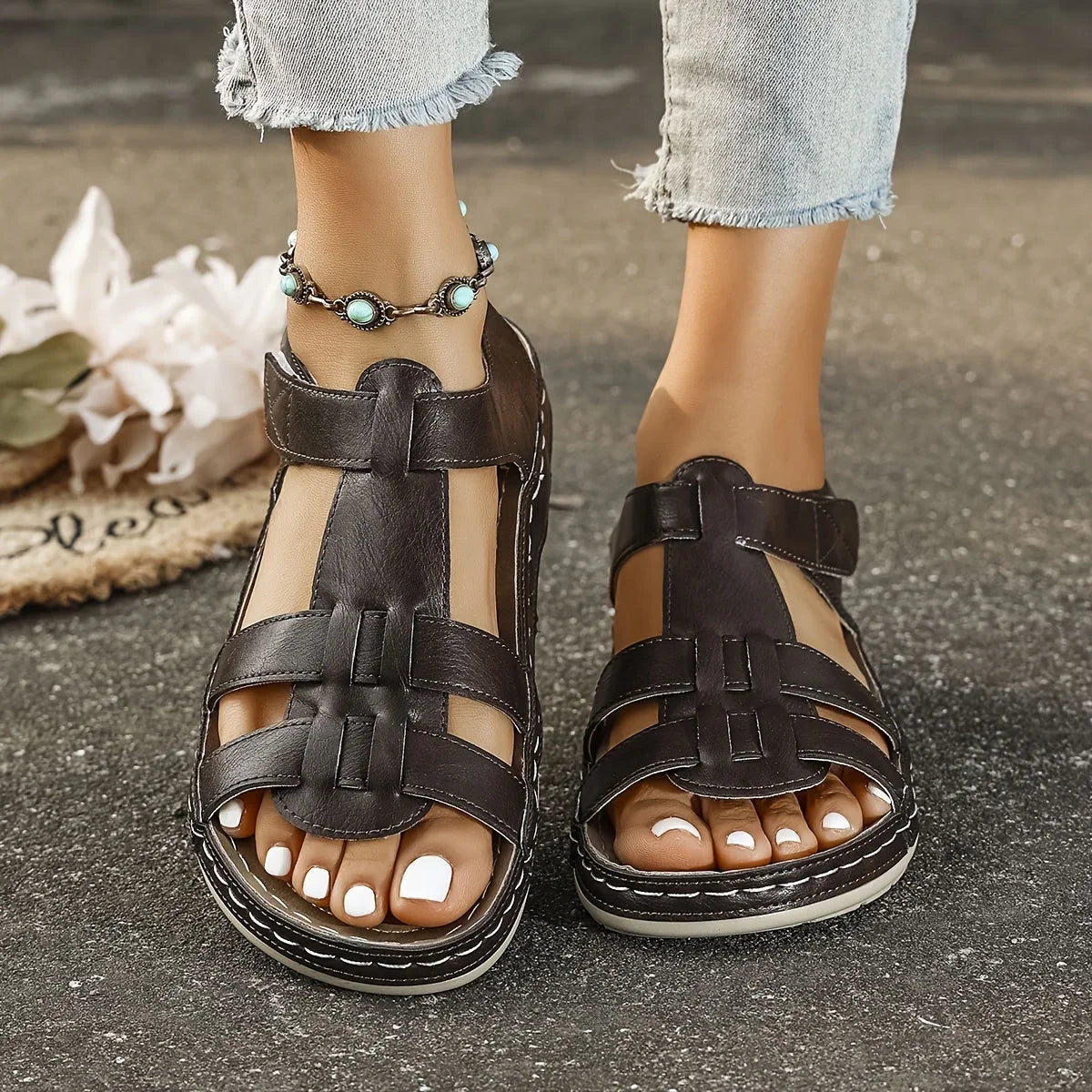 Women's faux leather platform sandals with T-strap hook-and-loop closure