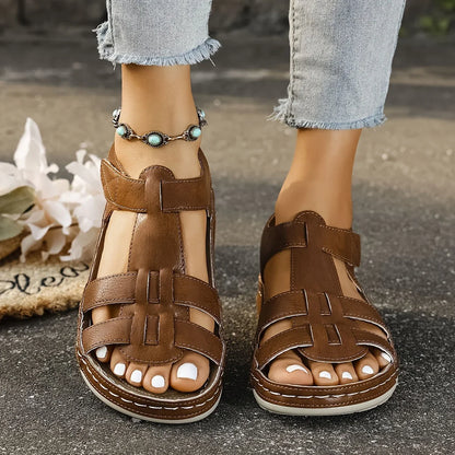 Women's faux leather platform sandals with T-strap hook-and-loop closure