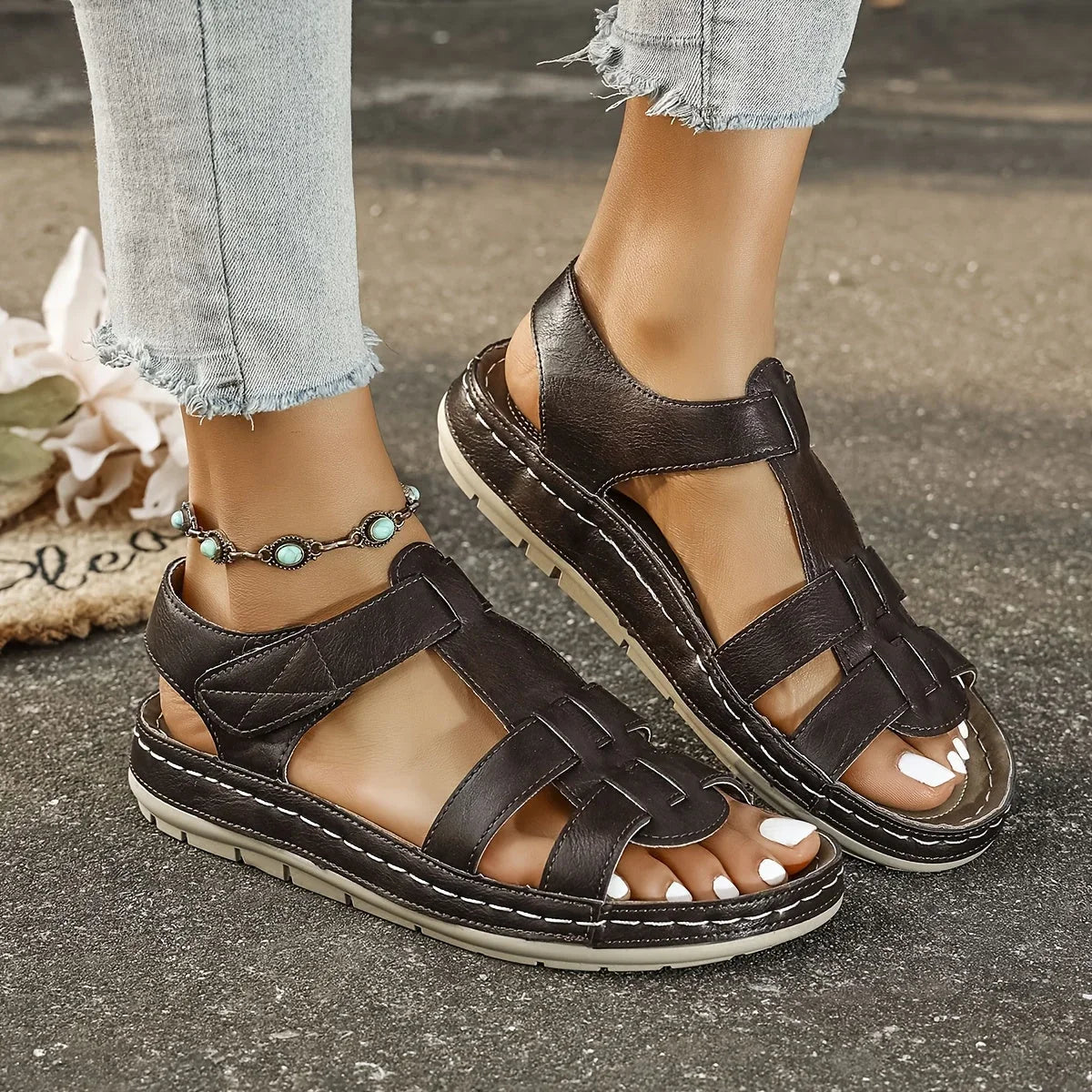Women's faux leather platform sandals with T-strap hook-and-loop closure