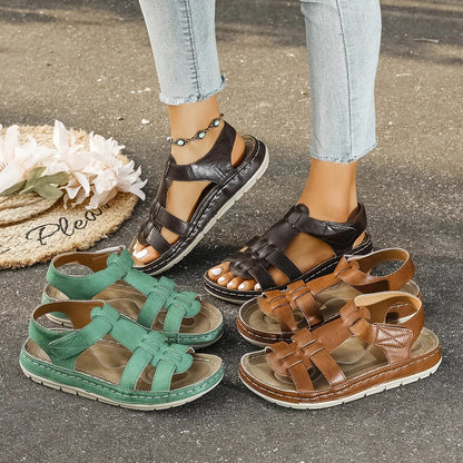 Women's faux leather platform sandals with T-strap hook-and-loop closure