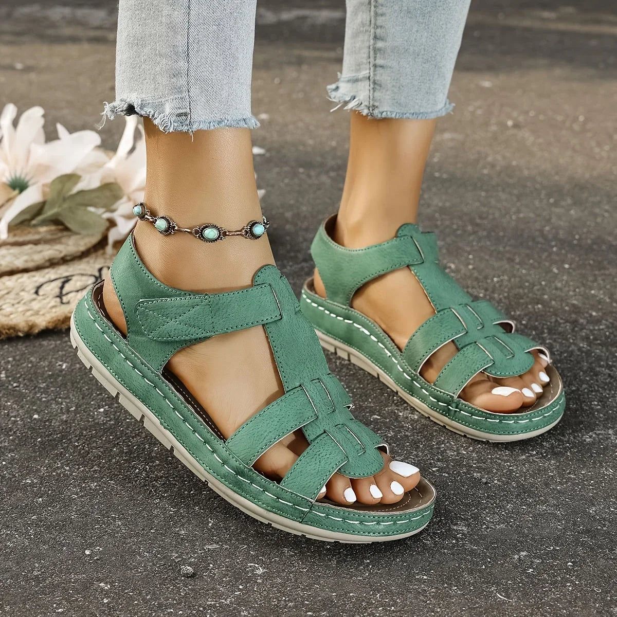 Women's faux leather platform sandals with T-strap hook-and-loop closure