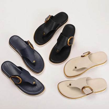 Women's faux leather thong-toe flat platform sandals with buckle