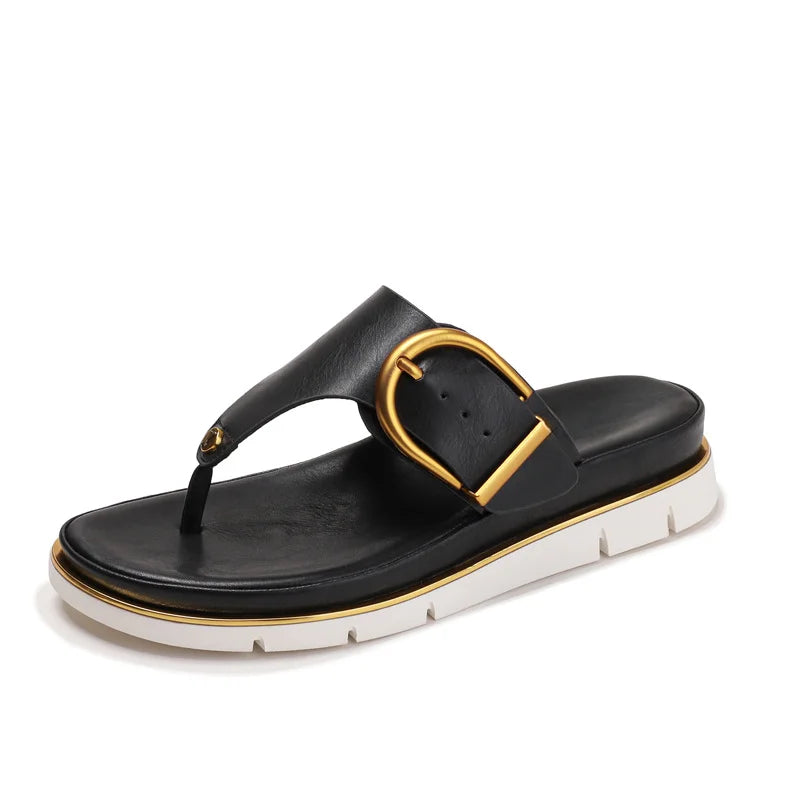 Women's faux leather thong-toe flat platform sandals with buckle