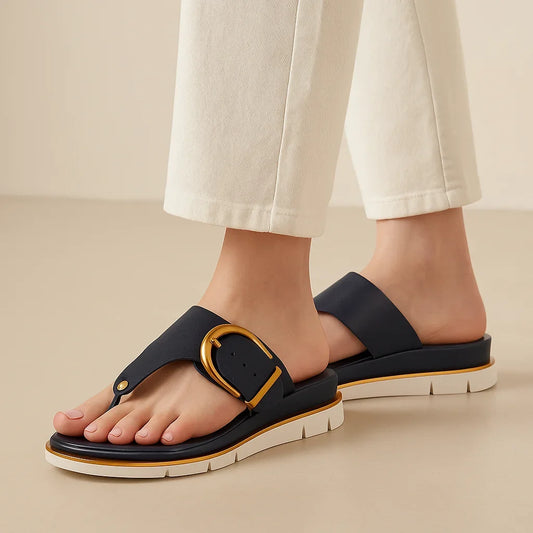 Women's faux leather thong-toe flat platform sandals with buckle – Dark Blue