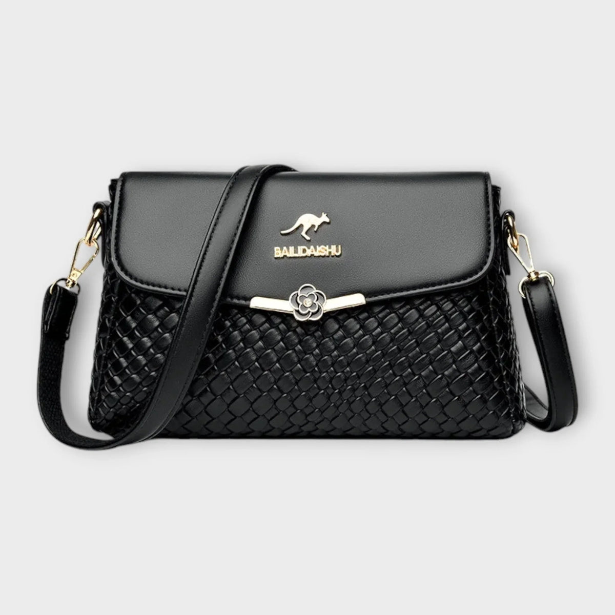 Women's faux leather woven texture shoulder bag with flap closure and adjustable strap – Black