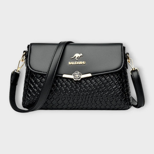 Women's faux leather woven texture shoulder bag with flap closure and adjustable strap – Black