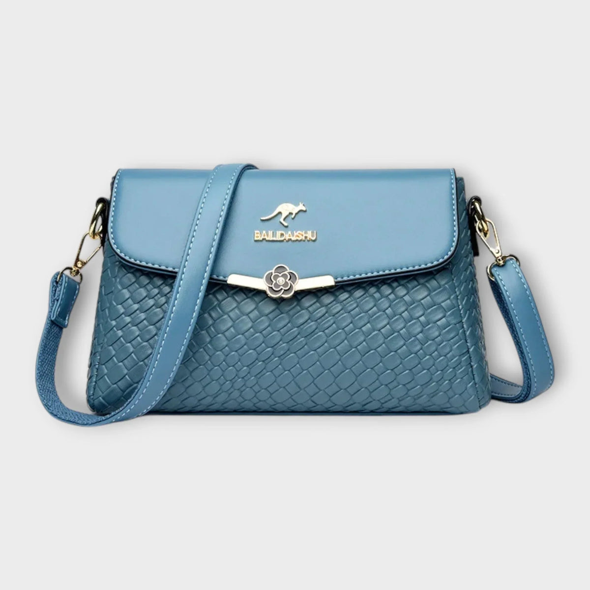 Women's faux leather woven texture shoulder bag with flap closure and adjustable strap – Blue
