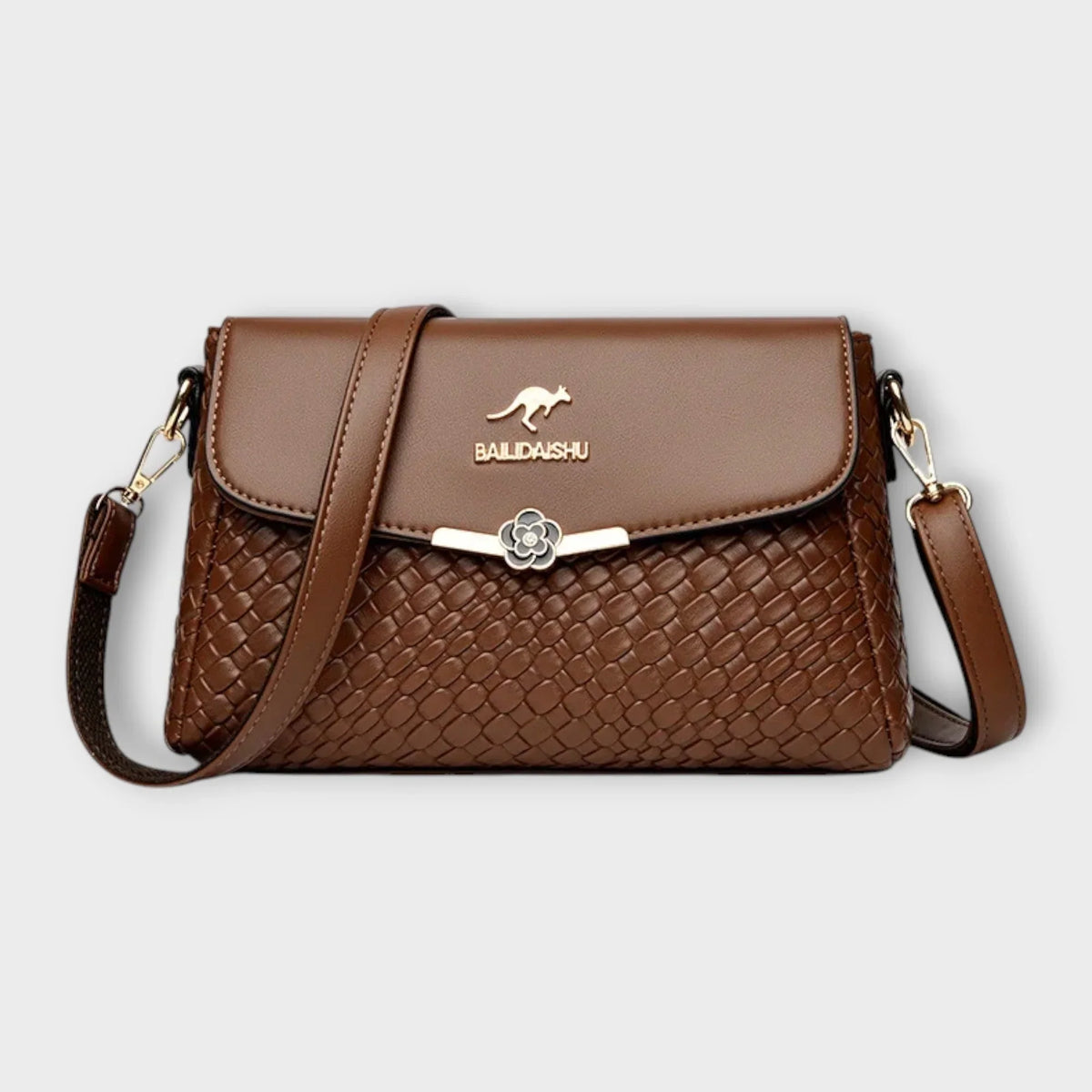 Women's faux leather woven texture shoulder bag with flap closure and adjustable strap – Brown