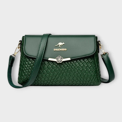 Women's faux leather woven texture shoulder bag with flap closure and adjustable strap – Green