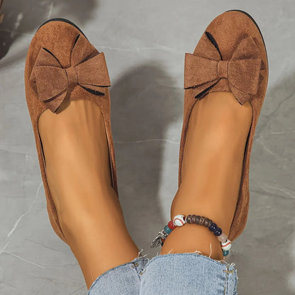 Women's faux suede bow-detail round-toe ballet flats slip-on