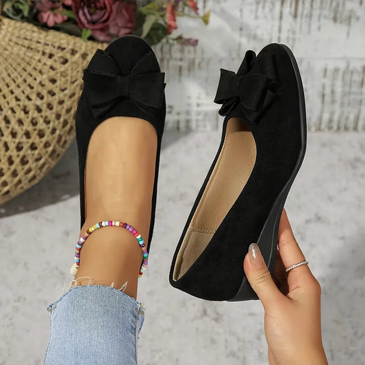 Women's faux suede bow-detail round-toe ballet flats slip-on – Black