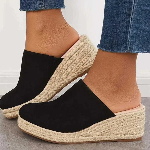 Women's faux suede espadrille wedge sandals with closed-toe slip-on – Black
