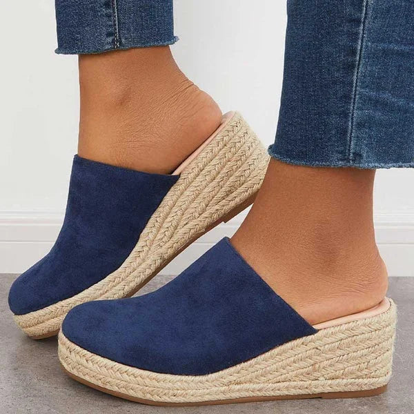 Women's faux suede espadrille wedge sandals with closed-toe slip-on – Blue