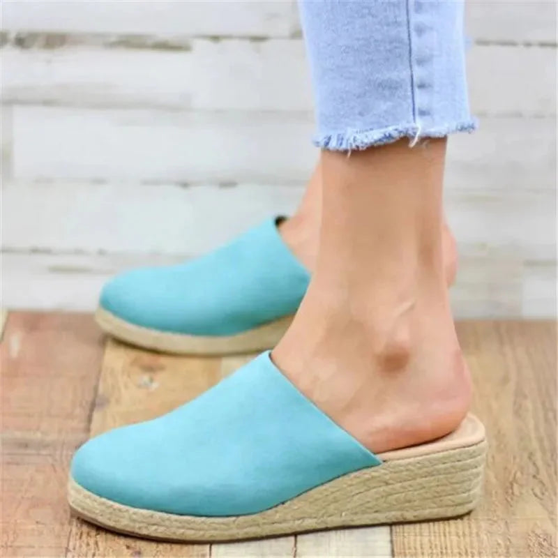 Women's faux suede espadrille wedge sandals with closed-toe slip-on – Sky Blue