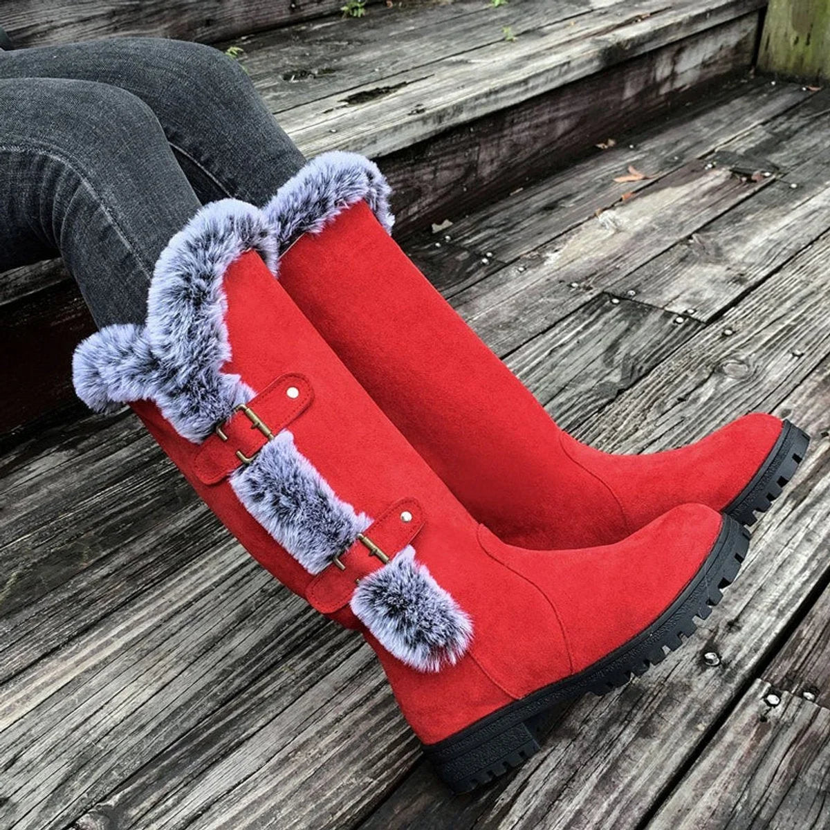 Women's faux-suede fur-trim buckle knee high boots