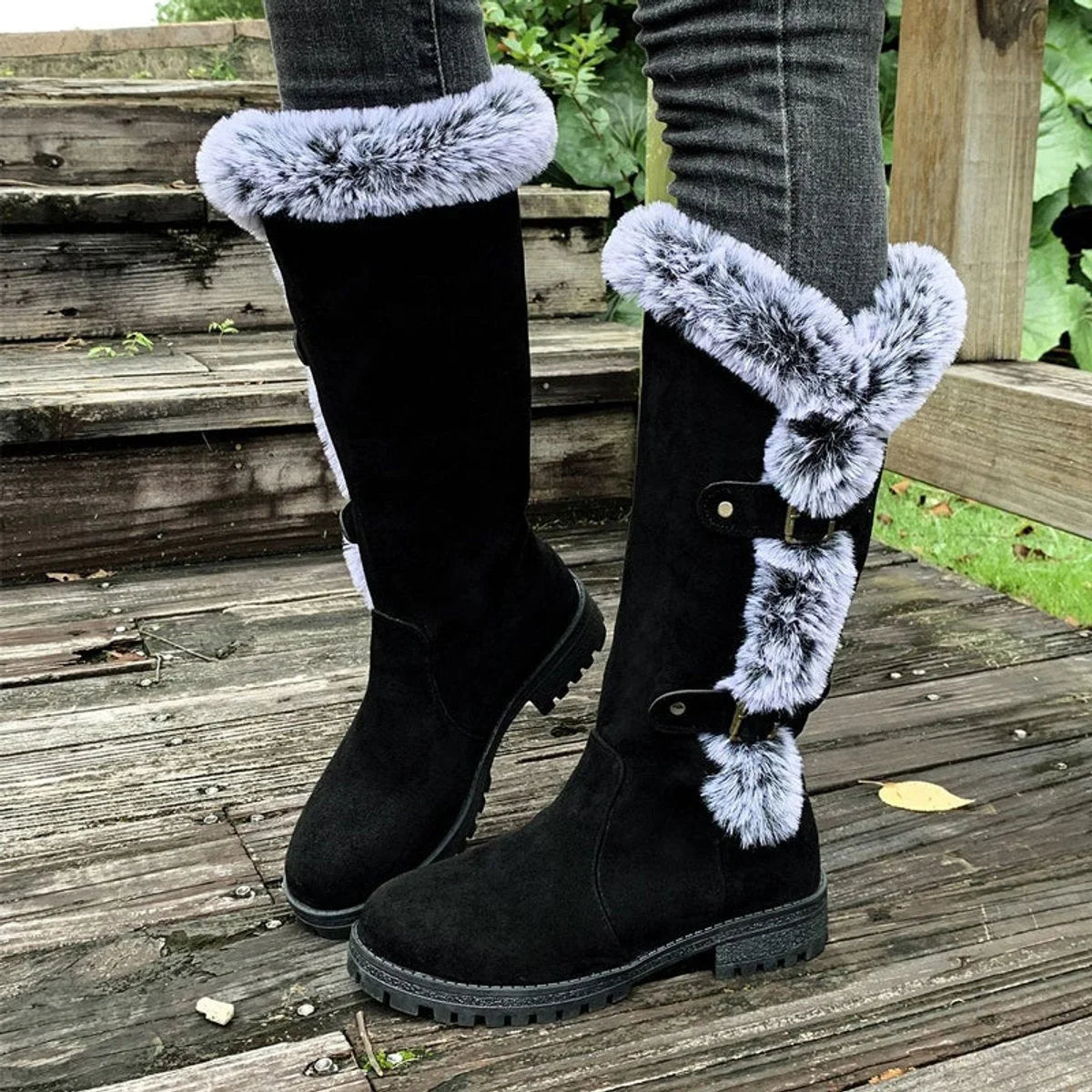 Women's faux-suede fur-trim buckle knee high boots – Black