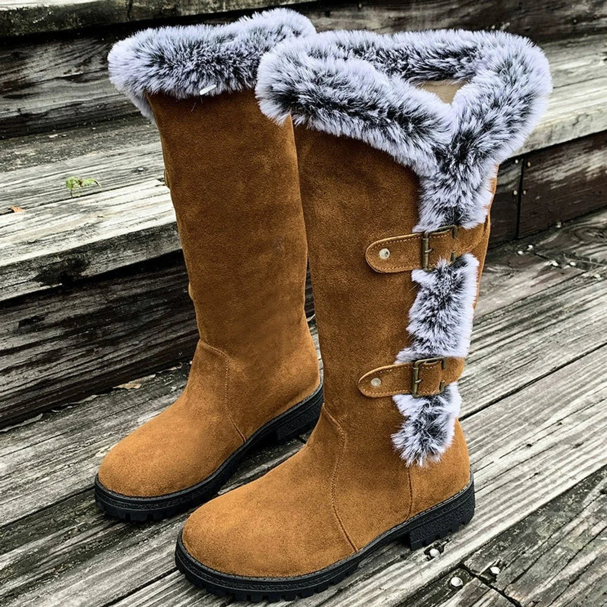 Women's faux-suede fur-trim buckle knee high boots
