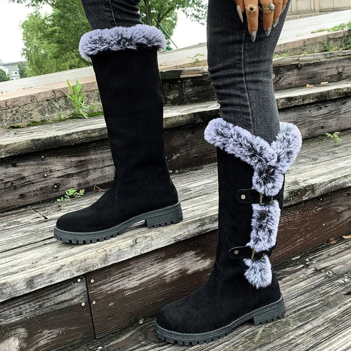 Women's faux-suede fur-trim buckle knee high boots