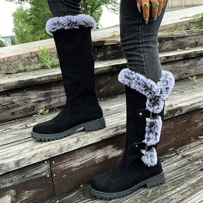 Women's faux-suede fur-trim buckle knee high boots