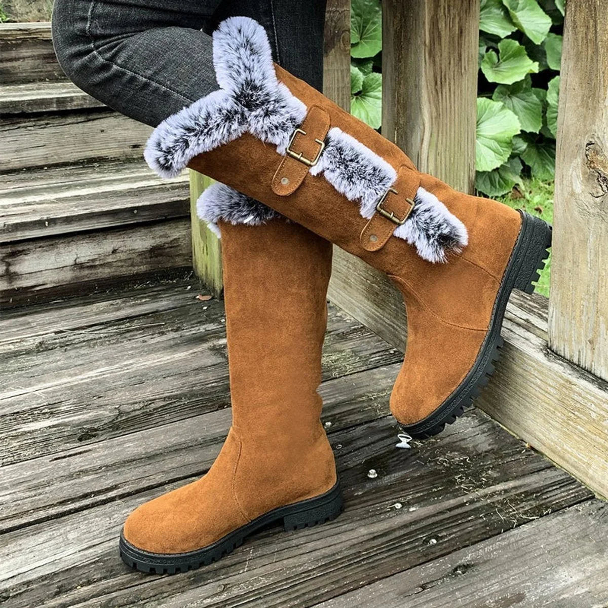 Women's faux-suede fur-trim buckle knee high boots – Light Brown