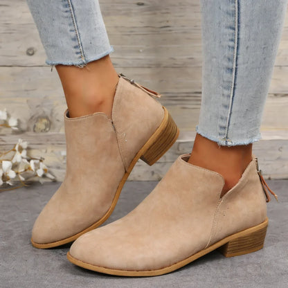 Women's faux-suede pointed-toe ankle boots with V-cut sides and back zipper – Beige