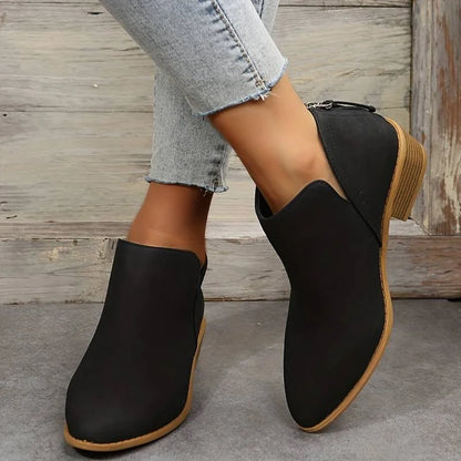 Women's faux-suede pointed-toe ankle boots with V-cut sides and back zipper – Black