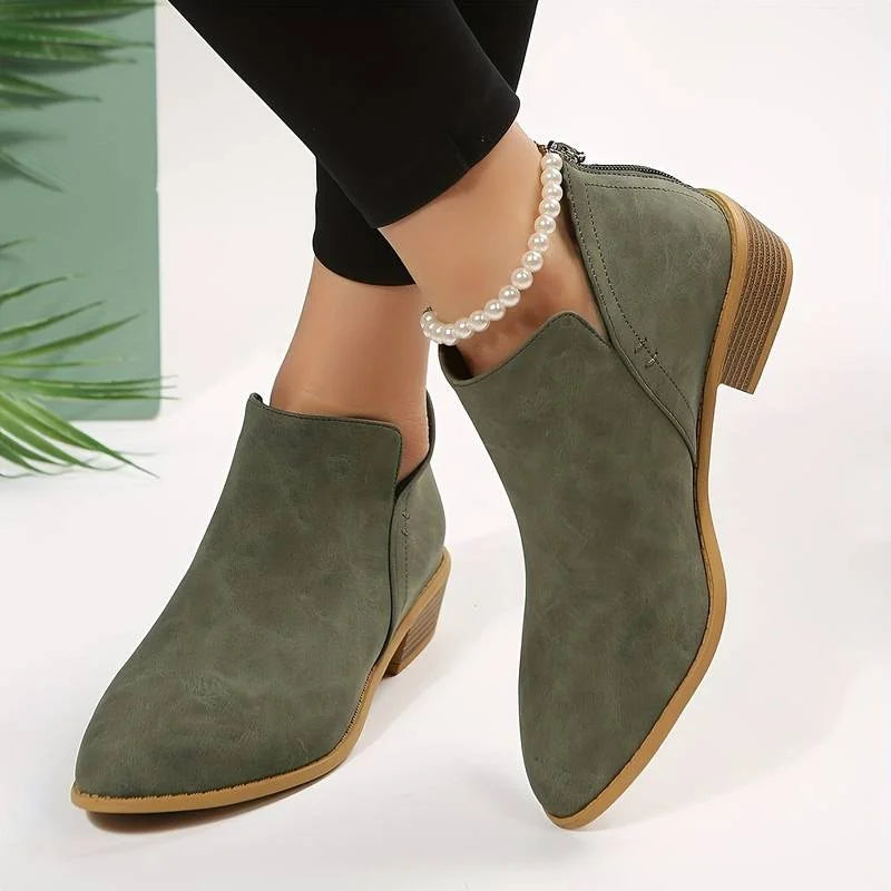 Women's faux-suede pointed-toe ankle boots with V-cut sides and back zipper – Green