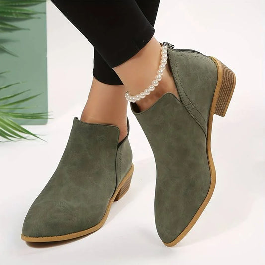 Women's faux-suede pointed-toe ankle boots with V-cut sides and back zipper – Green