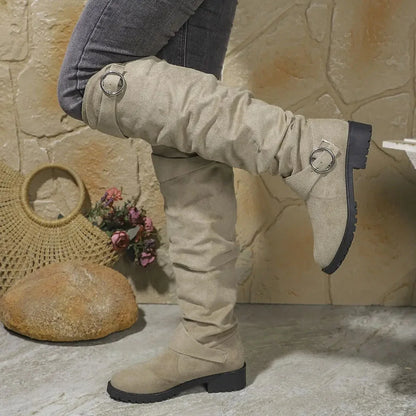 Women's faux suede slouchy knee-high boots with buckle and lug sole