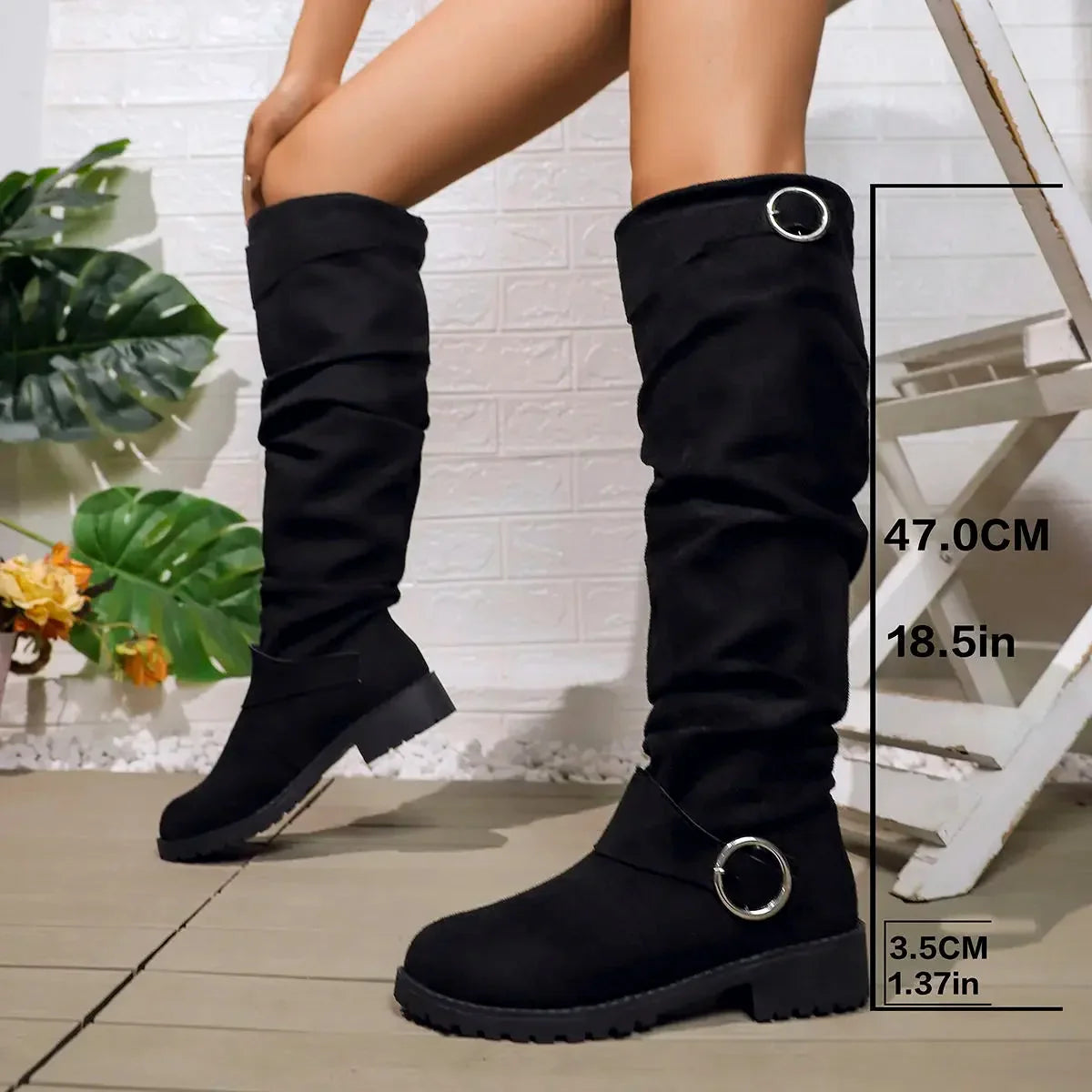 Women's faux suede slouchy knee-high boots with buckle and lug sole – Black