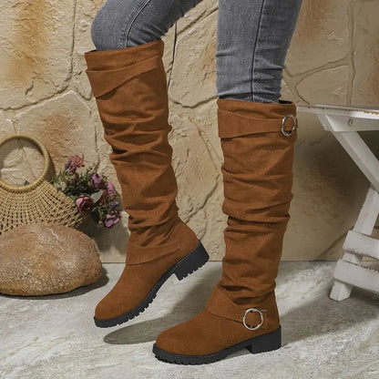 Women's faux suede slouchy knee-high boots with buckle and lug sole – Light Brown