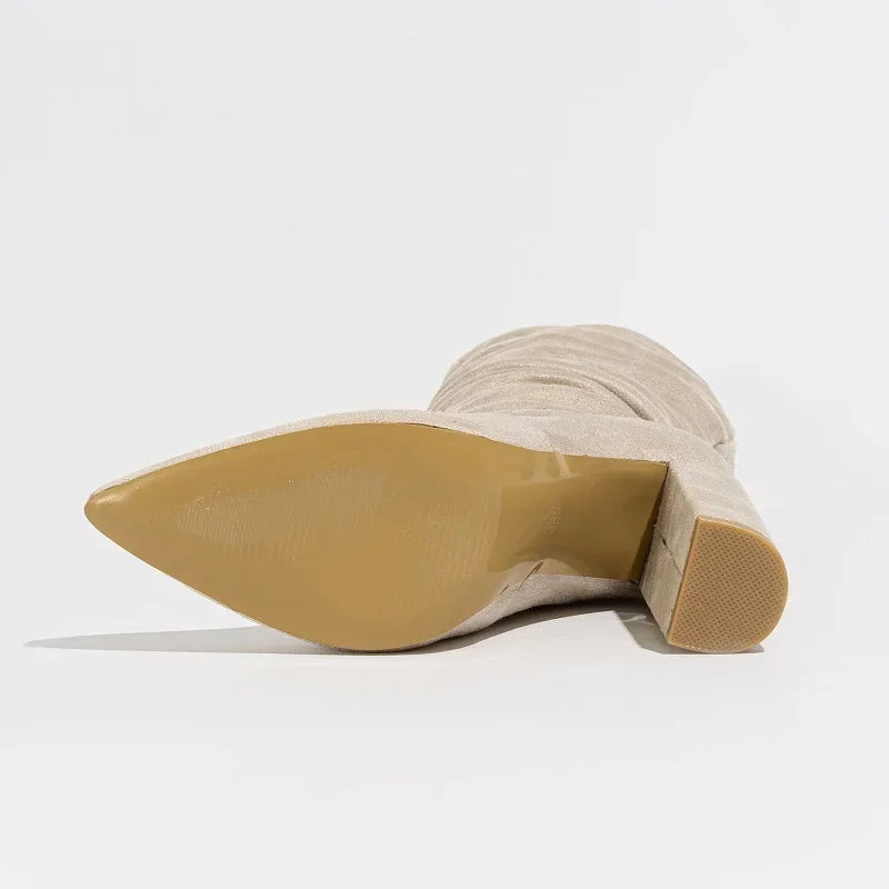 Women's faux-suede slouchy pointed-toe block-heel boots