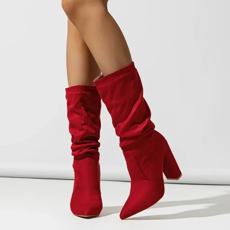 Women's faux-suede slouchy pointed-toe block-heel boots