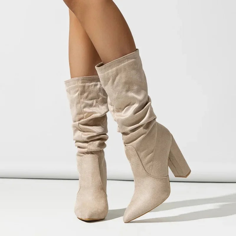 Women's faux-suede slouchy pointed-toe block-heel boots