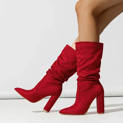 Women's faux-suede slouchy pointed-toe block-heel boots – Red