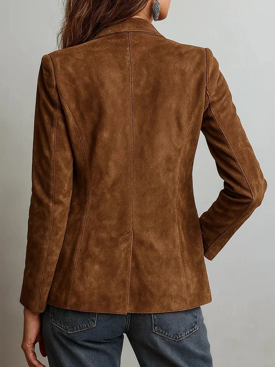 Women's faux suede tailored single-breasted cardigan blazer – Brown