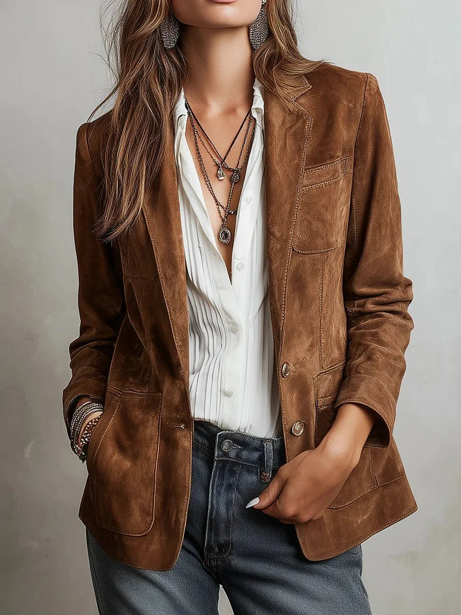 Women's faux suede tailored single-breasted cardigan blazer – Brown