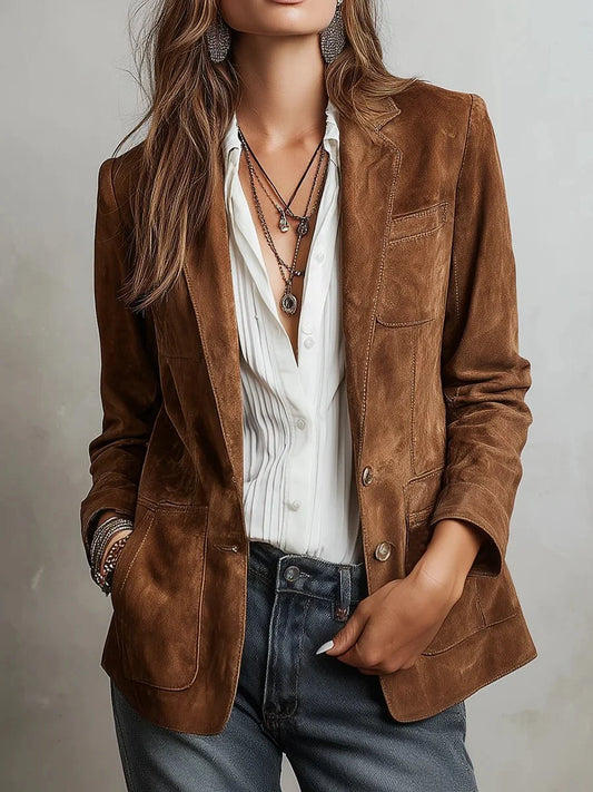 Women's faux suede tailored single-breasted cardigan blazer – Brown