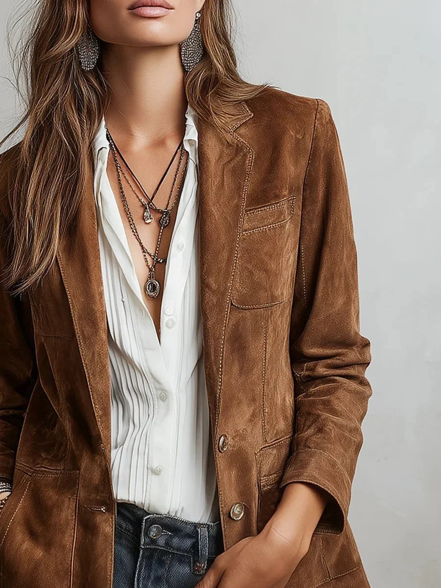 Women's faux suede tailored single-breasted cardigan blazer – Brown