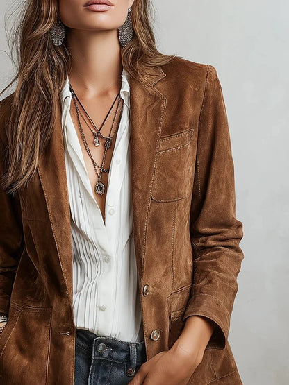Women's faux suede tailored single-breasted cardigan blazer – Brown