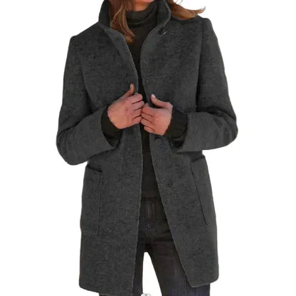 Women's felted wool coat with stand collar and button-front closure – Black